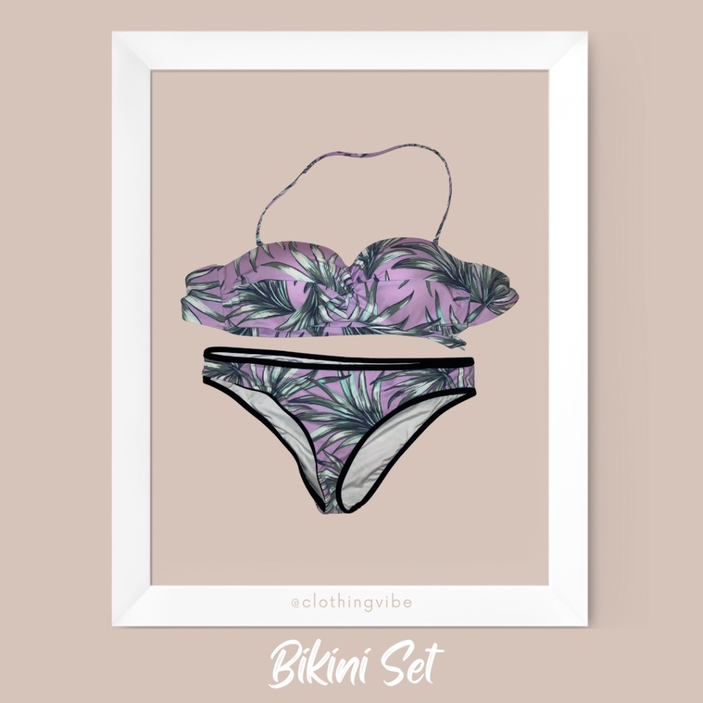 L | Push-Up Bandeau Swim Top (Light Lavender/Palm Print)